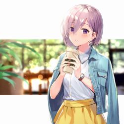 Rule 34 | 1girl, alternate costume, blouse, blurry, blurry background, blush, bokeh, casual, contemporary, cup, depth of field, earrings, fate/grand order, fate (series), fingers together, hair between eyes, haru (hiyori-kohal), jacket, jacket on shoulders, jewelry, light purple hair, mash kyrielight, outside border, parted lips, purple eyes, shirt, short hair, skirt, starbucks, watch, wristwatch
