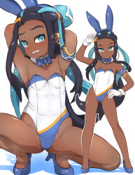Rule 34 | 1girl, aged down, animal ears, arm up, arms behind head, arms up, bare legs, black hair, blue eyes, blue footwear, blue hair, blue neckwear, blush, bow, bowtie, breasts, collar, colored shadow, creatures (company), dark-skinned female, dark skin, detached collar, fake animal ears, forehead, game freak, garoudo (kadouhan&#039;i), gloves, hand on own hip, high heels, leotard, long hair, multicolored hair, multiple views, nessa (pokemon), nintendo, parted lips, playboy bunny, pokemon, pokemon swsh, rabbit ears, shadow, shoes, small breasts, spread legs, squatting, standing, strapless, strapless leotard, two-tone hair, very long hair, white background, white collar, white gloves, white leotard, wing collar