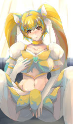 Rule 34 | 10s, 1girl, bad id, bad pixiv id, blonde hair, bow, breasts, brooch, covered erect nipples, cure sunshine, cure sunshine (super silhouette), elbow gloves, gloves, hair ribbon, heart, heart brooch, heartcatch precure!, highres, jewelry, large breasts, magical girl, midriff, moriya, myoudouin itsuki, navel, precure, ribbon, skirt, smile, solo, thighhighs, twintails, yellow bow, yellow eyes, yellow skirt, yellow theme