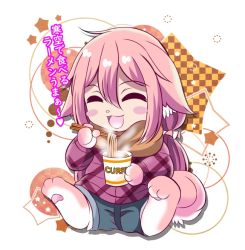 Rule 34 | 1girl, ^ ^, aka kitsune, animal ears, blush, chopsticks, closed eyes, commentary request, eating, food, furrification, furry, furry female, hair between eyes, kagamihara nadeshiko, long hair, long sleeves, nissin cup noodle, noodles, open mouth, pink hair, ramen, scarf, smile, solo, steam, translation request, yurucamp