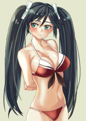 Rule 34 | 10s, 1girl, arms behind back, averting eyes, bare shoulders, bikini, black hair, blue eyes, blush, breasts, cleavage, female focus, hair ribbon, isuzu (kancolle), kantai collection, large breasts, long hair, navel, ribbon, ruisento, simple background, solo, standing, swimsuit, twintails