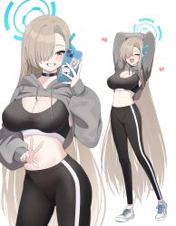 Rule 34 | 1girl, absurdres, alternate costume, arms behind head, arms up, asuna (blue archive), black choker, black pants, black sports bra, blue archive, blue eyes, blue halo, blue nails, blue ribbon, blush, breasts, brown hair, cellphone, choker, cleavage, closed eyes, commentary, cowboy shot, cropped hoodie, cross-laced footwear, doodle sensei (blue archive), drawstring, ecila (cookie0q0), fingernails, grey hoodie, grin, hair over one eye, hair ribbon, halo, heart, highres, holding, holding phone, hood, hoodie, large breasts, long bangs, long hair, long sleeves, midriff, mole, mole on breast, multiple views, nail polish, navel, one eye covered, open mouth, pants, phone, photo (object), puffy long sleeves, puffy sleeves, ribbon, sensei (blue archive), shoes, simple background, smartphone, smile, sneakers, sports bra, standing, very long hair, w, white background, white footwear, yoga pants