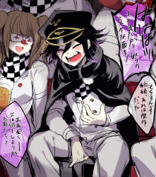 Rule 34 | 1girl, 3boys, :d, black cape, black hair, black headwear, blush, buttons, cape, checkered clothes, checkered neckwear, checkered scarf, closed eyes, covered eyes, danganronpa (series), danganronpa v3: killing harmony, dice members (danganronpa), double-breasted, fat, fat man, grey jacket, hair between eyes, jacket, laughing, multiple boys, open mouth, oma kokichi, purple hair, red nose, scarf, sitting, smile, speech bubble, suurin (ksyaro), teeth, translation request, upper teeth only