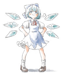 Rule 34 | 1girl, blue bow, blue dress, blue eyes, blue hair, bobby socks, bow, brown footwear, cirno, closed mouth, detached wings, dress, fairy, full body, hair bow, hands on own hips, ice, ice wings, legs apart, loafers, looking at viewer, nishikuromori, no pupils, pigeon-toed, puffy short sleeves, puffy sleeves, red ribbon, ribbon, shadow, shoes, short hair, short sleeves, smile, socks, solo, standing, touhou, v-shaped eyebrows, white socks, wings