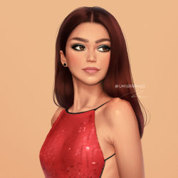 Rule 34 | 1girl, artist name, backless dress, backless outfit, bare shoulders, brown eyes, brown hair, dress, earrings, evening gown, jewelry, long hair, looking to the side, orange background, photo-referenced, real life, red dress, signature, simple background, solo, turning head, umigraphics, upper body, zendaya