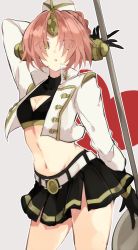 Rule 34 | 1girl, belt, black gloves, blue eyes, breasts, cleavage, cleavage cutout, clothing cutout, commentary request, cowboy shot, fate/apocrypha, fate/grand order, fate (series), frankenstein&#039;s monster (fate), gloves, green eyes, hair over eyes, hat, heterochromia, horns, jacket, jeanne d&#039;arc (type-moon racing) (fate), long sleeves, mace, momiji (00mmj00), navel, open mouth, pink hair, short hair, single horn, skirt, solo, weapon