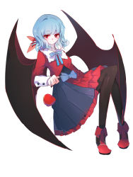 Rule 34 | 1girl, alternate costume, apple, bat wings, benghuai 7, black pantyhose, blue hair, blush, boots, dress, food, frills, fruit, full body, hair ribbon, highres, layered dress, long sleeves, looking to the side, pantyhose, red eyes, remilia scarlet, ribbon, short hair, simple background, smile, solo, touhou, vest, white background, wings