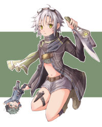 Rule 34 | 1girl, aono (aonocrotowa), belt, belt buckle, brown belt, buckle, character doll, character request, crop top, doll, eiyuu densetsu, falcom, fie claussell, goggles, goggles on head, green background, green eyes, grey shorts, highres, holding, holding doll, holding knife, knife, looking at viewer, machias regnitz, midriff, mini person, miniboy, navel, sen no kiseki, short hair, short shorts, shorts, silver hair, solo, solo focus, stomach, two-tone background, white background