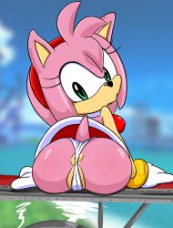 Rule 34 | 1girl, aircraft, amy rose, anus, anus peek, ass, blurry, bracelet, breasts, closed mouth, covered erect nipples, dress, female focus, from behind, furry, gloves, green eyes, hairband, hedgehog ears, hedgehog girl, hedgehog tail, highres, jewelry, looking back, medium breasts, outdoors, p0k4chu, panties, partially visible vulva, pink hair, red dress, red hairband, short hair, sideboob, sitting, solo, sonic (series), underwear, white gloves, white panties