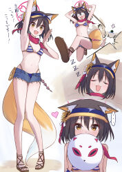 Rule 34 | 1boy, 1girl, absurdres, animal ear fluff, animal ears, bikini, black hair, blue archive, blue shorts, blush, breasts, doodle sensei (blue archive), fox ears, fox tail, halo, heart, highres, izuna (blue archive), izuna (swimsuit) (blue archive), izunasuki art, multiple views, official alternate costume, open fly, open mouth, pink halo, pink scarf, sandals, scarf, sensei (blue archive), short hair, short shorts, shorts, simple background, small breasts, smile, striped bikini, striped clothes, swimsuit, tail, white background, yellow eyes