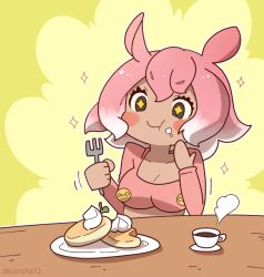 Rule 34 | 1girl, black eyes, blush, coffee, coffee cup, coroha, cup, disposable cup, eating, extra ears, food, fork, japanese pancake devilfish (kemono friends), kemono friends, multicolored hair, pancake, pink hair, pink shirt, shirt, short hair, simple background, solo, sweets, table, two-tone hair, white hair, yellow background