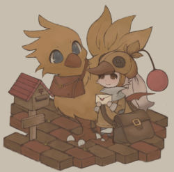 Rule 34 | bag, blue eyes, blush, brown eyes, chocobo, final fantasy, final fantasy tactics a2, final fantasy tactics advance, hat, holding, kanakanapo, letter, lowres, mail, moogle, no humans, square enix, standing
