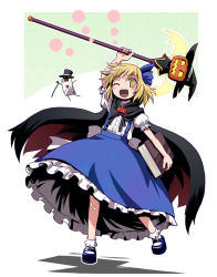 Rule 34 | 1girl, ;d, alice margatroid, alice margatroid (pc-98), arm up, bandaid, bandaid on knee, bandaid on leg, bat wings, blonde hair, blouse, blue footwear, bobby socks, book, bow, cane, card, cloak, female focus, full body, hair bow, halloween, haniwa, haniwa (leaf garden), happy, hat, holding, holding book, holding staff, jack-o&#039;-lantern, looking at viewer, mary janes, mystic square, one eye closed, open mouth, playing card, pumpkin, ribbon, shirt, shoes, short hair, skirt, smile, socks, solo, staff, top hat, touhou, touhou (pc-98), white socks, wings, witch hat, yellow eyes