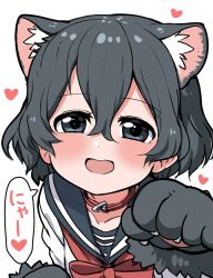 Rule 34 | 1girl, alternate costume, animal ears, animal hands, black hair, blue eyes, blush, bow, bowtie, cat ears, cat girl, coat, commentary request, extra ears, gloves, highres, kaban (kemono friends), kemono friends, kemonomimi mode, looking at viewer, no headwear, paw gloves, paw pose, ransusan, red coat, red neckwear, sailor collar, school uniform, serafuku, short hair, translation request