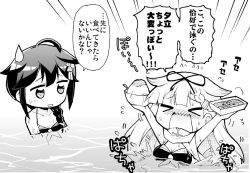 Rule 34 | &gt; &lt;, 10s, 2girls, ahoge, bikini, braid, closed eyes, commentary request, flying sweatdrops, food, greyscale, hair flaps, hair ornament, hair over shoulder, hair ribbon, hairclip, herada mitsuru, kantai collection, monochrome, multiple girls, open mouth, partially submerged, remodel (kantai collection), ribbon, scarf, shaved ice, shigure (kancolle), single braid, sweatdrop, swimsuit, translation request, wavy mouth, yakisoba, yuudachi (kancolle)