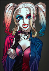Rule 34 | 1girl, absurdres, batman (series), blonde hair, blue hair, breasts, choker, colored tips, corset, dc comics, harley quinn, highres, jacket, long hair, makeup, matching hair/eyes, multicolored hair, solo, suicide squad, twintails