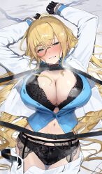 Rule 34 | 1girl, absurdres, belt, blonde hair, blue eyes, blush, bra, breasts, chain, character request, cleavage, clenched teeth, clothes pull, collared shirt, commission, garter belt, garter straps, half-closed eyes, highres, huge breasts, lace, lace-trimmed bra, lace-trimmed panties, lace trim, large breasts, long hair, long sleeves, looking at viewer, lying, monocle, navel, on back, panties, pants, pants pull, restrained, shirt, skeb commission, solo, sweat, teeth, underwear, uouokuma