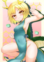 1girl antlers bare_arms bare_shoulders blonde_hair blue_dress blush breasts china_dress chinese_clothes dragon_girl dragon_horns dragon_tail dress fur-tipped_tail green_scales green_tail highres horns kasoka_soka kicchou_yachie looking_at_viewer monster_girl otter pelvic_curtain red_eyes scales short_hair side_slit sleeveless sleeveless_dress smile solo tail touhou turtle_shell yellow_horns