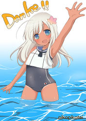 Rule 34 | 10s, 1girl, blonde hair, blue eyes, crop top, flower, german text, hair flower, hair ornament, inoue mitan, kantai collection, long hair, one-piece swimsuit, ro-500 (kancolle), sailor collar, school swimsuit, soaking feet, standing, swimsuit, swimsuit under clothes, tan, tanline, wading, water, waving