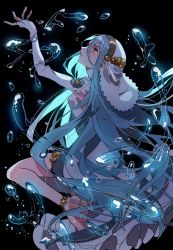 Rule 34 | 1girl, arm up, azura (fire emblem), barefoot, black background, blue hair, commentary request, dress, elbow gloves, fingerless gloves, fire emblem, fire emblem fates, from side, full body, gloves, hair between eyes, highres, jewelry, long bangs, long hair, looking up, nintendo, open mouth, pikapika hoppe, sidelocks, simple background, solo, very long hair, water, white dress, white gloves
