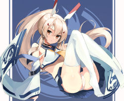 Rule 34 | 1girl, ayanami (azur lane), azur lane, belt, blonde hair, blue sailor collar, blue skirt, breasts, closed mouth, commentary, crop top, detached sleeves, emblem, floating, frown, headgear, highres, knees up, long hair, looking at viewer, medium hair, miniskirt, navel, neckerchief, onkyi, outside border, panties, pleated skirt, ponytail, red eyes, sailor collar, shirt, skirt, sleeveless, sleeveless shirt, solo, thighhighs, underboob, underwear, very long hair, white belt, white panties, white sleeves, white thighhighs, wide sleeves, yellow neckerchief