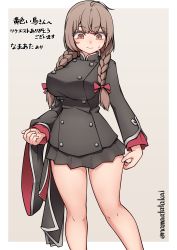 Rule 34 | 1girl, absurdres, bad anatomy, black dress, blush, border, braid, breasts, brown eyes, brown hair, buttons, closed mouth, commission, dress, feet out of frame, highres, holding, holding clothes, kantai collection, large breasts, long hair, long sleeves, namaata, shinshuu maru (kancolle), skeb commission, solo, twin braids, twitter username, white border