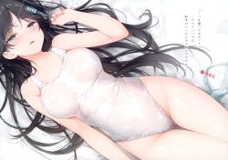 Rule 34 | 1girl, absurdres, bare arms, bare shoulders, bed sheet, black hair, blue eyes, blush, breasts, collarbone, full body, highleg, highleg swimsuit, highres, long hair, looking at viewer, lying, medium breasts, mizusawa suzuka, nipples, on back, one-piece swimsuit, open mouth, original, recording, scan, see-through, senji (tegone spike), shiny skin, simple background, solo, swimsuit, thighs, wet, wet clothes, wet swimsuit