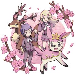 Rule 34 | 1boy, 1girl, absurdres, ace trainer (pokemon), blonde hair, bright pupils, buttons, collared shirt, commentary request, creatures (company), deerling, flower, game freak, gen 5 pokemon, hand in pocket, hand up, highres, jacket, long hair, long sleeves, nintendo, open mouth, pants, petals, pink flower, pokemon, pokemon (creature), pokemon xy, purple hair, sawsbuck, shirt, shoes, short hair, skirt, smile, socks, sutokame, swept bangs, white pupils, yellow eyes