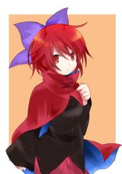 Rule 34 | 1girl, bow, cape, cowboy shot, expressionless, hair bow, looking at viewer, nakukoroni, red cape, red eyes, red hair, sekibanki, shirt, short hair, touhou