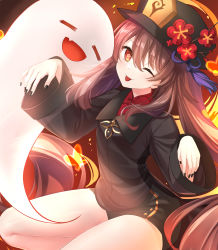 Rule 34 | 1girl, :d, ;p, = =, black hat, black jacket, black shorts, brown hair, closed eyes, closed mouth, commentary request, fang, feet out of frame, flower, flower-shaped pupils, genshin impact, ghost, hair between eyes, hat, hat flower, highres, hu tao (genshin impact), jacket, long hair, one eye closed, open mouth, red eyes, red flower, red shirt, rukinya (nyanko mogumogu), shirt, short shorts, shorts, smile, solo, symbol-shaped pupils, tongue, tongue out, very long hair