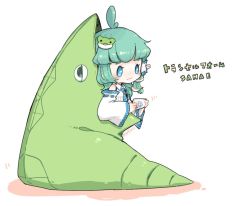 Rule 34 | 1girl, ahoge, ascot, blue eyes, character name, collared shirt, commentary request, creatures (company), detached sleeves, frog hair ornament, game freak, gen 1 pokemon, green hair, hair ornament, hair tubes, holding, holding phone, kochiya sanae, long hair, long sleeves, m (m073111), metapod, nintendo, phone, pokemon, shirt, sidelocks, sleeveless, sleeveless shirt, snake hair ornament, solo, touhou, white background, white shirt, wide sleeves, wing collar
