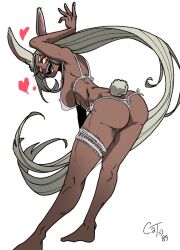 Rule 34 | 1girl, animal ears, ass, back, barefoot, boku no hero academia, bra, breasts, bridal garter, dark-skinned female, dark skin, feet, from behind, glowing, glowing eyes, hand up, hanging breasts, heart, highres, kim namhae, lace, lace-trimmed bra, lace-trimmed panties, lace trim, large breasts, leaning forward, legs, long eyelashes, long hair, looking at viewer, mirko, nail polish, open mouth, panties, parted bangs, rabbit ears, rabbit girl, rabbit tail, red eyes, side-tie panties, smile, solo, tail, teeth, thighs, toned, underwear, very long hair, white background, white bra, white hair, white nails, white panties