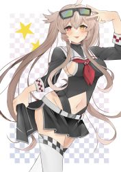 Rule 34 | 1girl, absurdres, adapted costume, black skirt, breasts, brown eyes, checkered background, eyewear on head, hair flaps, heterochromia, highres, kantai collection, leotard, light brown hair, long hair, long sleeves, medium breasts, murasame (kancolle), murasame kai ni (kancolle), neckerchief, official alternate costume, race queen, red eyes, red neckerchief, sailor collar, skirt, solo, sunglasses, thighhighs, toriniku senshi chikinman, twintails, two side up, white background, white sailor collar, white thighhighs