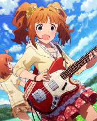 Rule 34 | 10s, 2girls, ahoge, bass guitar, blue eyes, bracelet, brown skirt, cloud, day, electric guitar, closed eyes, fender mustang, floral print, flower, frilled skirt, frills, guitar, hair flower, hair ornament, hood, hoodie, idolmaster, idolmaster (classic), idolmaster million live!, instrument, instrument request, jewelry, light particles, meadow, million live card, multiple girls, mustang, mustang bass, necklace, official art, open mouth, orange hair, outdoors, puffy short sleeves, puffy sleeves, red skirt, short sleeves, skirt, sky, sweat, takatsuki yayoi, twintails, yabuki kana