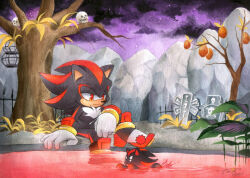 Rule 34 | 1boy, alternate water color, bare tree, dark chao, finik, furry, furry male, gloves, highres, outdoors, partially submerged, shadow the hedgehog, shoes, sitting, skull, sonic (series), sonic adventure 2, swimming, tombstone, tree, white gloves
