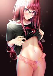 Rule 34 | 1girl, artist logo, backlighting, black shirt, blush, closed mouth, clothes lift, collarbone, cowboy shot, dolphinjet, frilled panties, frills, glasses, groin, highres, lifting own clothes, lips, long hair, looking at viewer, navel, panties, persona, persona 5, persona 5 the royal, pink panties, print shirt, raised eyebrows, red eyes, red hair, shirt, shirt lift, solo, spoilers, stomach, t-shirt, thighs, underwear, yoshizawa sumire