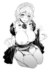 Rule 34 | 1girl, absurdres, bow, bowtie, braid, breasts, breasts out, cameltoe, clothes lift, detached collar, dress, dress lift, frilled dress, frills, garter straps, greyscale, highres, izayoi sakuya, kneeling, large breasts, lifted by self, lips, looking at viewer, maid headdress, mayonaka taruho, monochrome, nipples, panties, short hair, silver hair, simple background, solo, thick thighs, thighhighs, thighs, touhou, twin braids, underwear, white background
