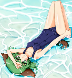Rule 34 | 1girl, animal ears, bad id, bad pixiv id, barefoot, covered navel, female focus, green eyes, green hair, hand on forehead, kasodani kyouko, looking at viewer, lying, matching hair/eyes, on back, one-piece swimsuit, school swimsuit, shallow water, shiny clothes, short hair, skindentation, smile, solo, submerged, swimsuit, tail, tks (526tks), touhou, upside-down, water, wet, wet clothes