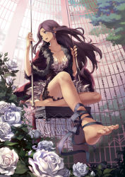 Rule 34 | 1girl, ankle ribbon, barefoot, blue eyes, breasts, bridal garter, brown eyes, brown hair, cage, cleavage, comet (teamon), dress, feet, flower, foreshortening, large breasts, leg ribbon, long hair, open mouth, original, plantar flexion, purple hair, ribbon, rose, sitting, solo, swing, toes, white flower, white rose