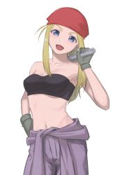 Rule 34 | 1girl, :d, bandana, bandeau, black bandeau, blonde hair, blue eyes, breasts, clothes around waist, cowboy shot, fullmetal alchemist, gloves, hand on own hip, highres, holding, holding wrench, long hair, looking at viewer, medium breasts, midriff, navel, open mouth, red bandana, shimizu tomoki, shirt, shirt around waist, smile, solo, white background, winry rockbell, wrench