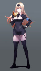 Rule 34 | 1girl, absurdres, armband, black gloves, black thighhighs, blonde hair, blue eyes, breasts, cleavage, flag custom, gloves, grey background, gundam, gundam 00, hair between eyes, hair intakes, hairband, hand on own hip, highres, holding, holding mask, kagetomo midori, long hair, looking at viewer, mask, personification, shadow, shoes, sidelocks, simple background, sleeve cuffs, smile, solo, thighhighs, uniform