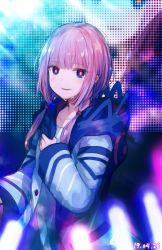 Rule 34 | 1girl, blue eyes, blush, collarbone, dated, glowstick, hair between eyes, hair over shoulder, hood, hood down, hooded jacket, jacket, kaf (kamitsubaki studio), kamitsubaki studio, long hair, long sleeves, looking at viewer, low twintails, makihitsuji, open clothes, open jacket, parted lips, pink hair, shirt, smile, solo, twintails, upper body, virtual youtuber, white jacket, white shirt