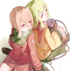 Rule 34 | 2girls, alternate costume, back-to-back, blonde hair, blush, brown skirt, buttons, closed eyes, closed mouth, coat, cold, commentary request, crystal, eyeball, eyelashes, flandre scarlet, green hair, green scarf, komeiji koishi, long sleeves, medium hair, multiple girls, open mouth, pink coat, pleated skirt, pointy ears, red eyes, scarf, shared clothes, shared scarf, sidelocks, simple background, sitting, skirt, smile, snowing, soku (bluerule-graypray), third eye, touhou, wariza, white background, wings, winter
