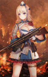 Rule 34 | 1girl, absurdres, automatic rifle, bad id, bad pixiv id, beluga dolphin, blonde hair, blue hair, blurry, blurry background, breasts, chauchat, chauchat (girls&#039; frontline), cleavage, cleavage cutout, clothing cutout, dress, dust, fire, girls&#039; frontline, gloves, gun, hat, highres, holding, holding gun, holding weapon, jacket, large breasts, light machine gun, looking at viewer, looking to the side, machine gun, md5 mismatch, mini hat, multicolored clothes, multicolored dress, multicolored jacket, outdoors, purple eyes, red hair, resolution mismatch, rifle, sidelocks, solo, thigh strap, trigger discipline, uniform, weapon
