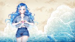 Rule 34 | 1girl, animal, artist name, beach, blue eyes, blue hair, blue shorts, blush, collarbone, commentary request, commission, day, denim, denim jacket, denim shorts, fish, grey jacket, heart, heart hands, highres, jacket, korean commentary, long hair, looking at viewer, lying, menna (0012), on back, open clothes, open jacket, original, outdoors, parted bangs, parted lips, sand, shirt, short shorts, shorts, smile, solo, very long hair, water, watermark, waves, white shirt