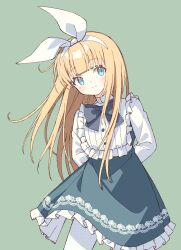 Rule 34 | 1girl, absurdres, alice (alice in wonderland), arms behind back, blonde hair, blue dress, blue eyes, blunt bangs, blush, center frills, closed mouth, dress, frills, green background, hairband, highres, long hair, long sleeves, looking at viewer, original, pantyhose, petticoat, shoulder tilt, simple background, smile, solo, standing, two-tone dress, very long hair, white dress, white hairband, white pantyhose, zoirun