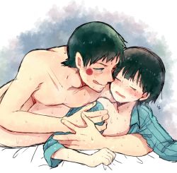 Rule 34 | 10s, 2boys, age difference, anal, ass, black hair, blush, bottomless, closed eyes, ekubo (mob psycho 100), hiroichi, kageyama shigeo, lying, lying on person, male focus, male penetrated, mob psycho 100, multiple boys, sex, size difference, sweat, tagme, yaoi
