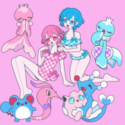 Rule 34 | 1boy, 1girl, :d, bare shoulders, barefoot, bikini, blue bikini, blue eyes, blue hair, blue ribbon, braid, brionne, brother and sister, creatures (company), crossdressing, crossover, dorothy west, frillish, frillish (female), frillish (male), full body, game freak, gen 1 pokemon, gen 2 pokemon, gen 5 pokemon, gen 7 pokemon, hand up, hands on another&#039;s shoulders, highres, invisible chair, jigglypuff, kneeling, looking at viewer, marill, mole, mole under eye, nintendo, nyaasechan, one-piece swimsuit, open mouth, pink background, pink eyes, pink hair, pink one-piece swimsuit, pink ribbon, plaid, plaid bikini, pokemon, pokemon (creature), pretty series, pripara, reona west, ribbon, short hair, siblings, side braid, simple background, sitting, smile, swimsuit, trap, twins, yawning