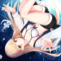 Rule 34 | 1girl, absurdres, air bubble, animal, bare legs, belt, bikini, bikini top only, black shorts, blonde hair, blunt bangs, blush, breasts, bubble, cleavage, closed mouth, collarbone, commentary request, day, fish, freediving, highres, jacket, jellyfish, long hair, long sleeves, looking at viewer, medium breasts, mole, mole under eye, nari (narikashi), navel, ocean, orange eyes, original, outdoors, outstretched arms, short shorts, shorts, silhouette, smile, solo, stomach, swimsuit, thighs, underwater, upside-down, very long hair, white bikini, white jacket