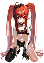 Rule 34 | 1girl, :d, antenna hair, arm strap, bandeau, bare shoulders, bdsm, black choker, black footwear, black gloves, black shorts, black thighhighs, boots, child, choker, collar, collarbone, earrings, fang, flat chest, gloves, hair between eyes, highres, jewelry, kneeling, long hair, looking at viewer, midriff, navel, open fly, open mouth, original, pointy ears, pokan (xz1128), red eyes, red hair, short shorts, shorts, shoulder tattoo, sidelocks, simple background, single thighhigh, slave, smile, solo, stomach, tattoo, thighhighs, thighs, twintails, very long hair, white background